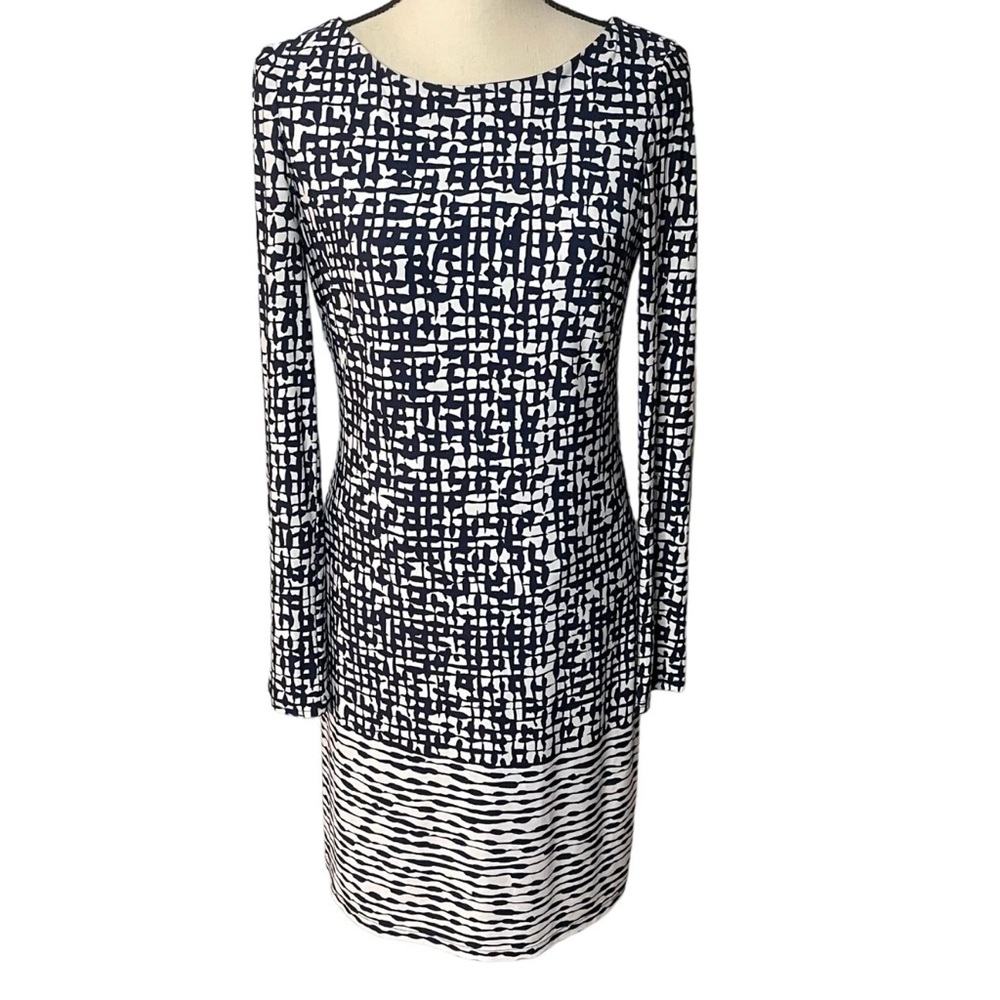 Vince Camuto Long Sleeve Navy Blue White Geometric Sheath Dress Size 2